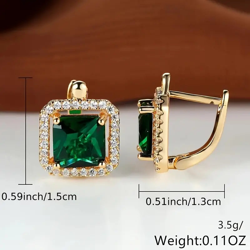 Orecchini quadrati verdi con zirconi dorati | Oro