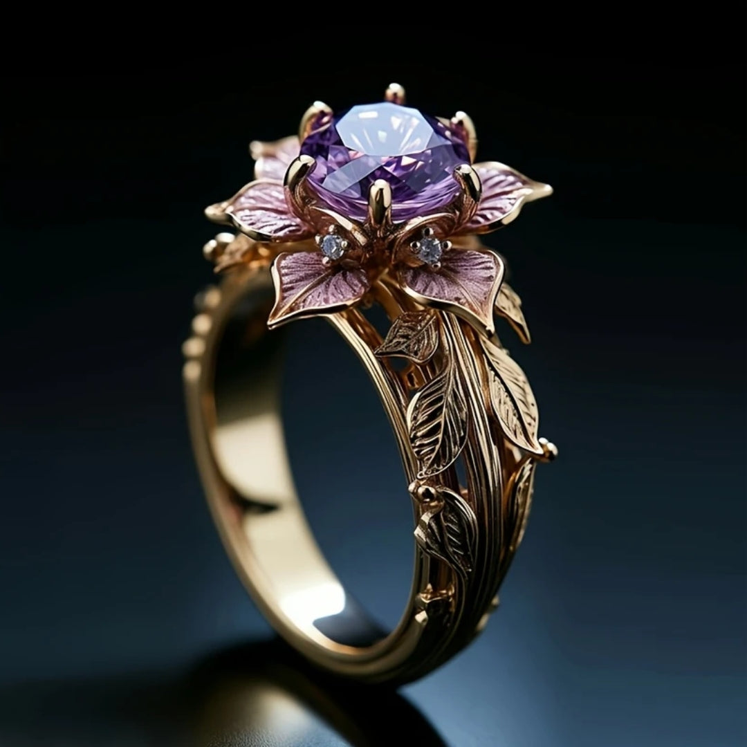 Anello fiore lilla esotico con cristallo