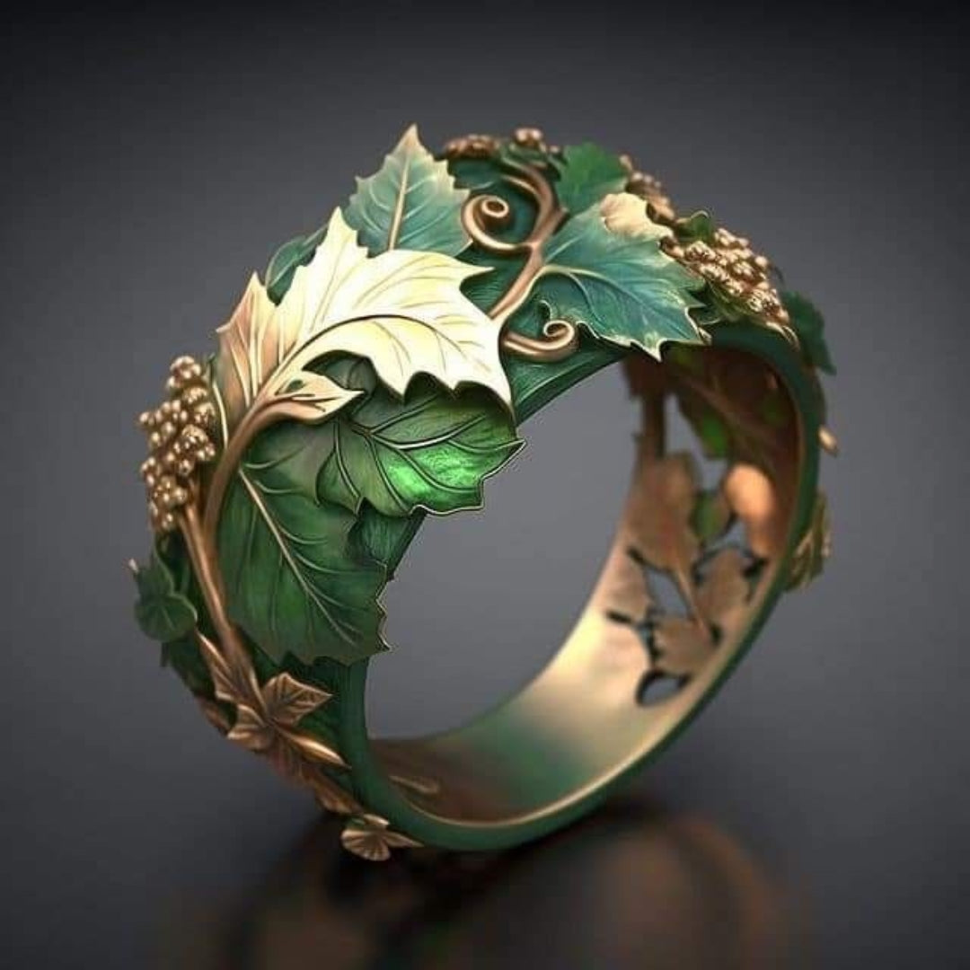 Anello foglia verde e oro esotico