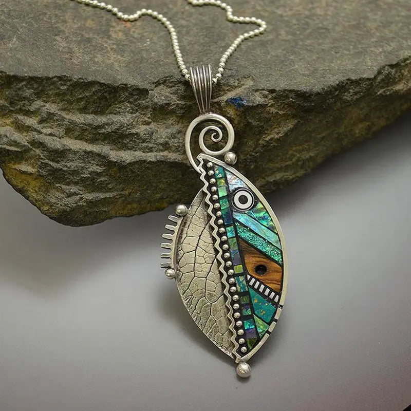 Collana Cristallo Foglia Verde in Argento Vintage