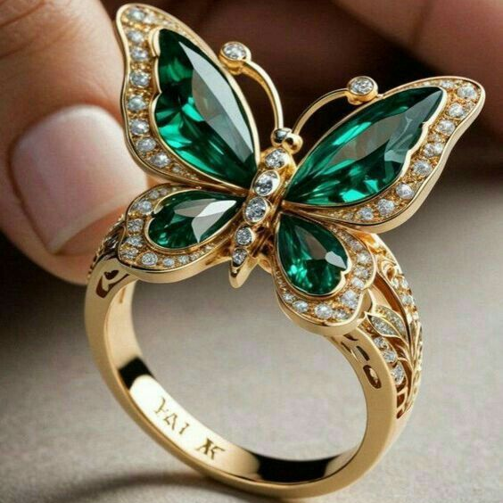 Anello farfalla cristallina verde in oro