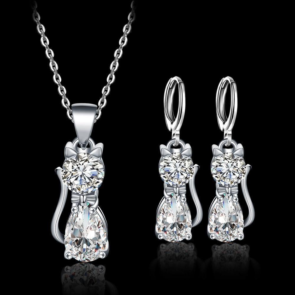 Set Collana + Orecchini Gatti Felici in Argento e Zirconio Bianco Lucido