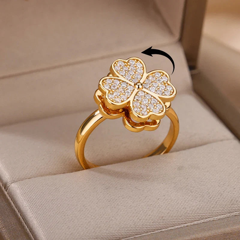 Anello Trifoglio della Fortuna Girevole con Zirconi