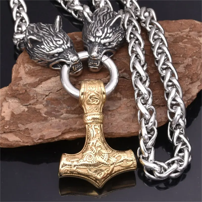 Collana da Uomo Vintage con Ciondolo Testa di Lupo Vichingo e Martello in Lega di Zinco Nordica