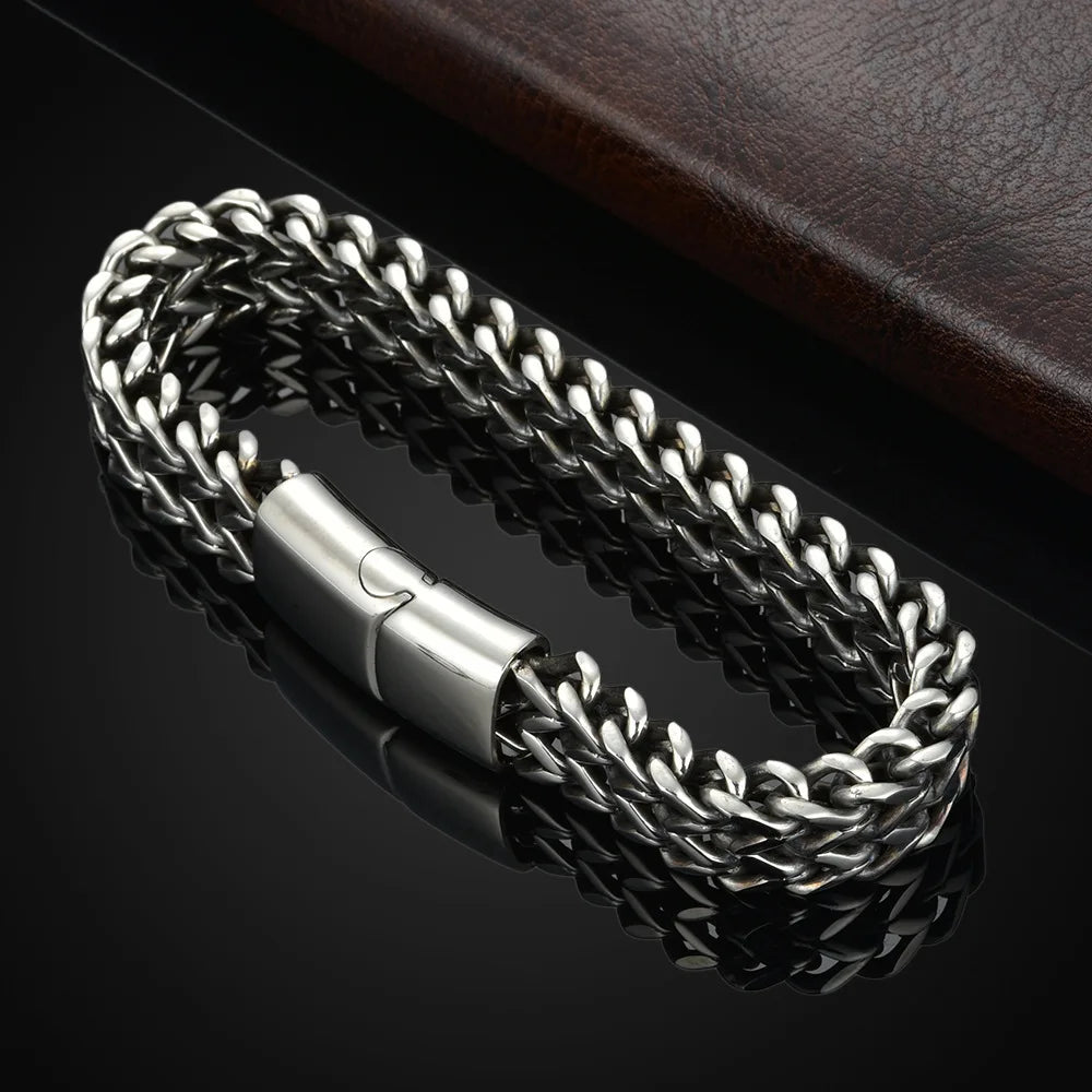 Bracciale Doppio in Acciaio a Maglia Intrecciata Spessa