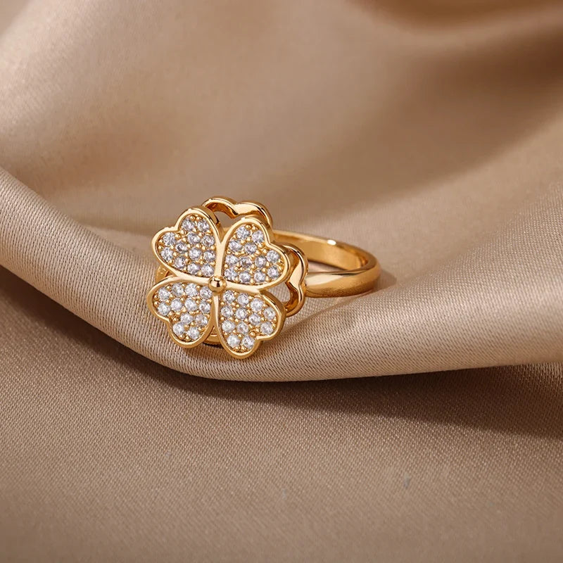 Anello Trifoglio della Fortuna Girevole con Zirconi