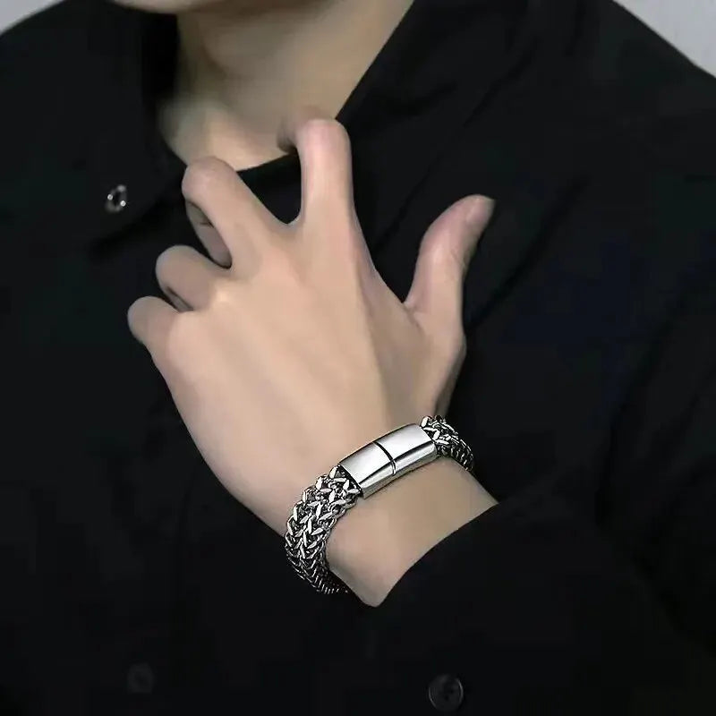 Bracciale Doppio in Acciaio a Maglia Intrecciata Spessa