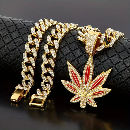 Collana Cubana Retrò Foglia Verde – Stile Hip-Hop per Uomo