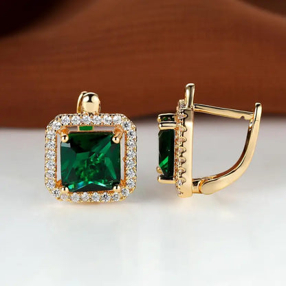 Orecchini quadrati verdi con zirconi dorati | Oro