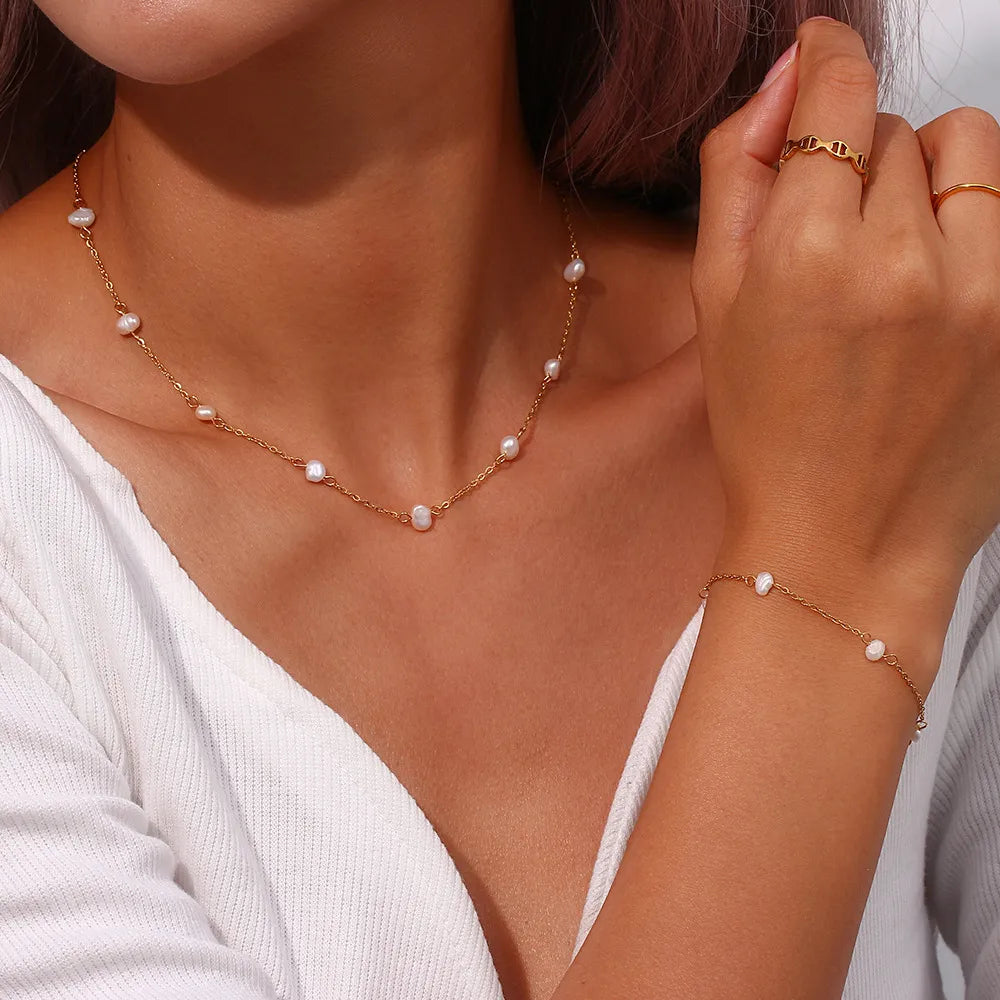 Set Collana e Bracciale di Perle in Acciaio Inossidabile
