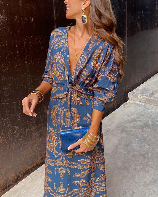 Janella - Vestito midi vintage con maniche lunghe drappeggiate