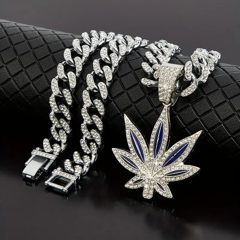 Collana Cubana Retrò Foglia Verde – Stile Hip-Hop per Uomo
