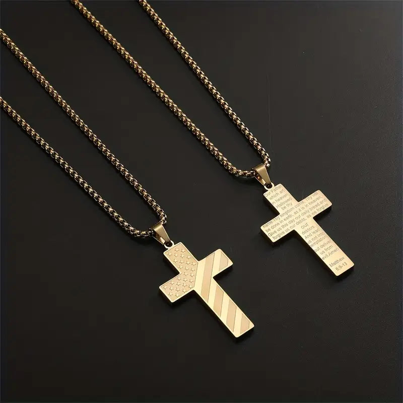 Collana Croce in Acciaio Inossidabile con Ciondolo Bandiera Americana e Versetto Biblico
