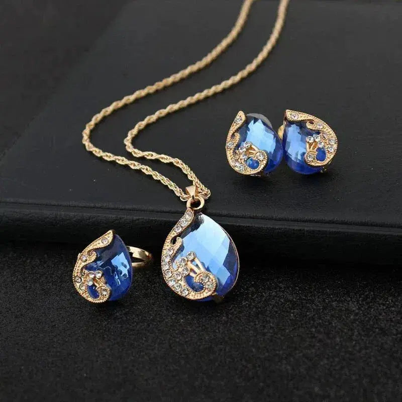 Set Collana + Orecchino con Cristallo Blu in Oro