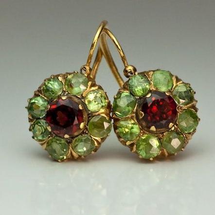 Orecchini Vintage Rotondi Cristallo Verde e Rosso
