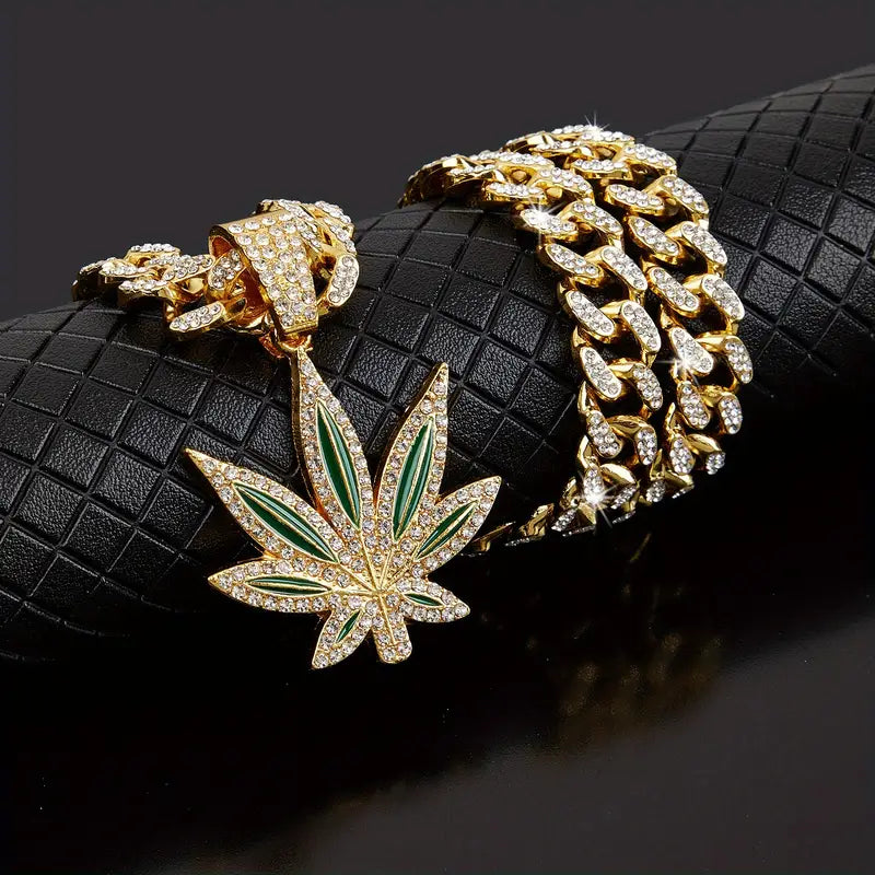 Collana Cubana Retrò Foglia Verde – Stile Hip-Hop per Uomo
