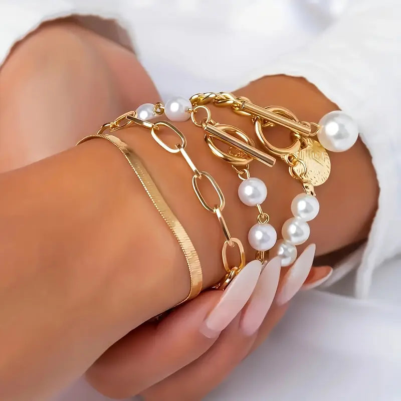 Set Braccialetti Chic Gold 4 Pezzi - Serpente, Perle e Maglie | Dorato