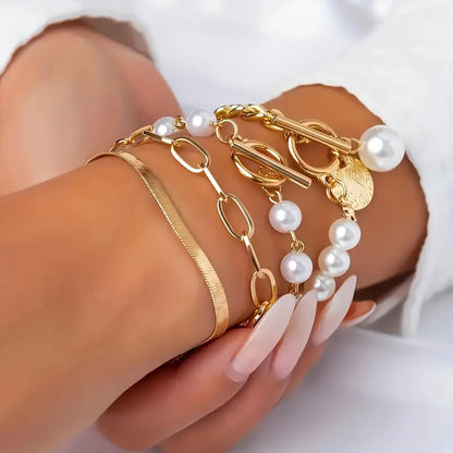 Set Braccialetti Chic Gold 4 Pezzi - Serpente, Perle e Maglie | Dorato