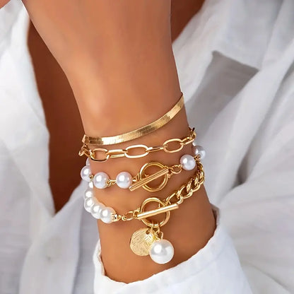 Set Braccialetti Chic Gold 4 Pezzi - Serpente, Perle e Maglie | Dorato