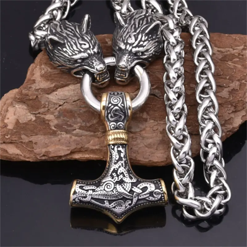 Collana da Uomo Vintage con Ciondolo Testa di Lupo Vichingo e Martello in Lega di Zinco Nordica