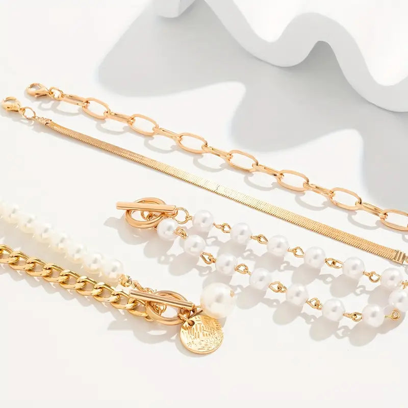 Set Braccialetti Chic Gold 4 Pezzi - Serpente, Perle e Maglie | Dorato