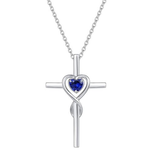 Collana croce con pietra cuore di zaffiro | Oro bianco