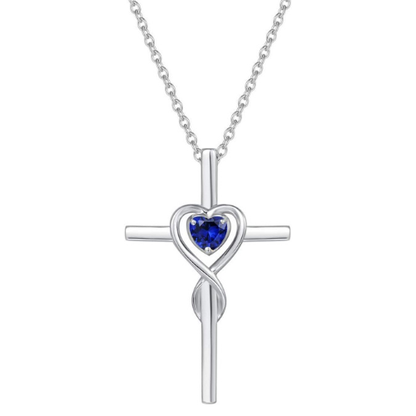 Collana croce con pietra cuore di zaffiro | Oro bianco