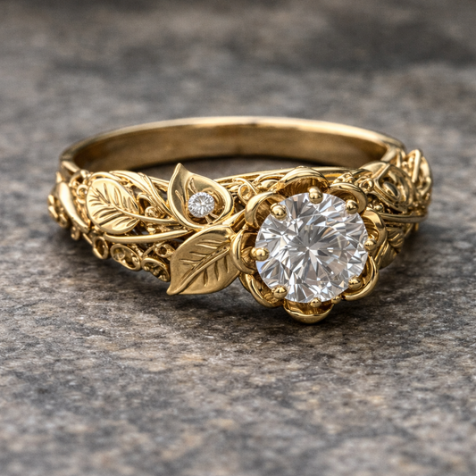 Anello a Foglia Dorata con Zirconia
