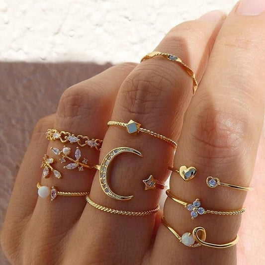 Set 10 Anelli Bohémien in Argento e Placcatura Oro