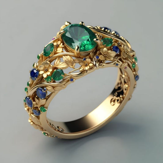 Anello d'Oro con Cristallo Verde e Blu