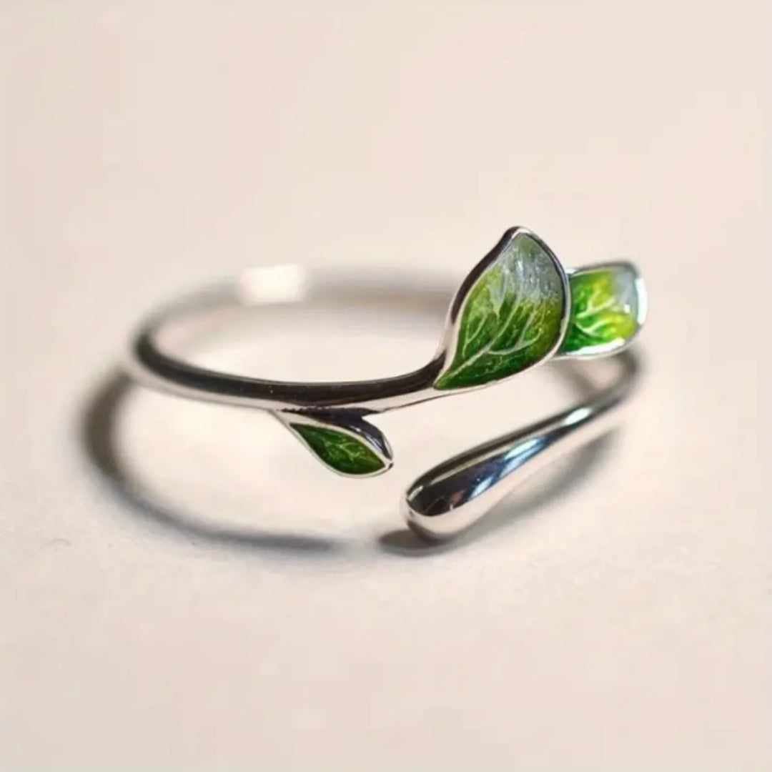 Anello regolabile foglia verde smaltata