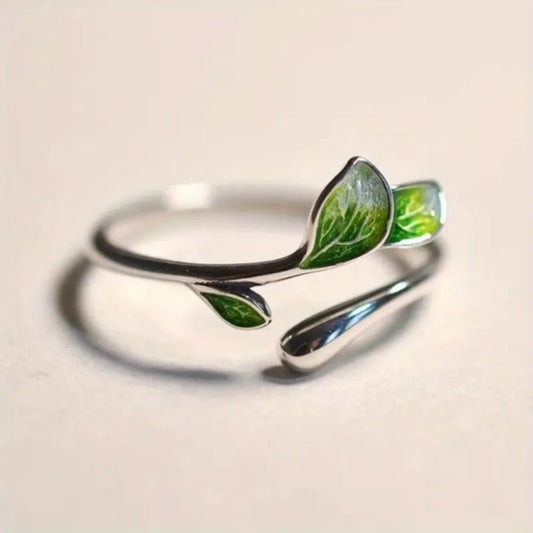 Anello regolabile foglia verde smaltata