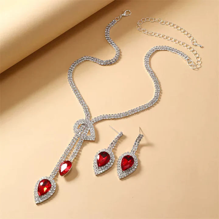 Set Collana e Orecchini con Strass Rosso