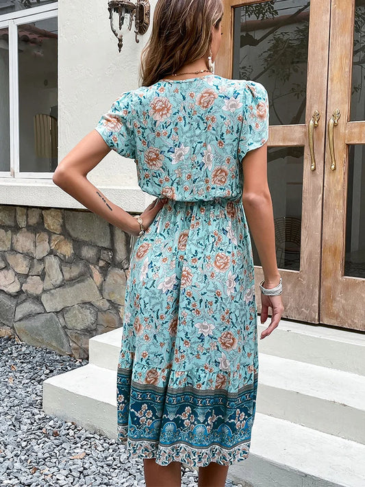 Celia - Vestito midi bohémien con stampa floreale verde