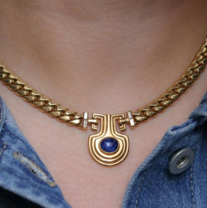Collana Vintage con Zaffiro Blu Ovale Dorato