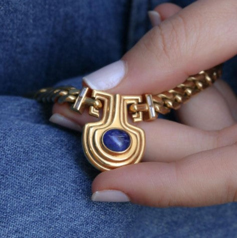 Collana Vintage con Zaffiro Blu Ovale Dorato