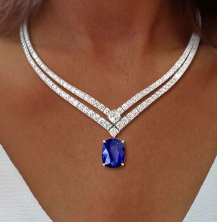 Collana con Zaffiro Blu Taglio Cuscino Doppia Fila