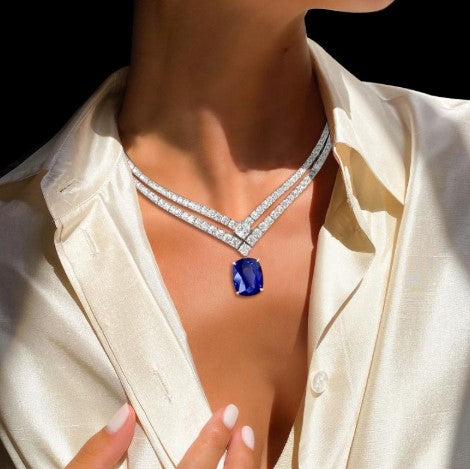 Collana con Zaffiro Blu Taglio Cuscino Doppia Fila