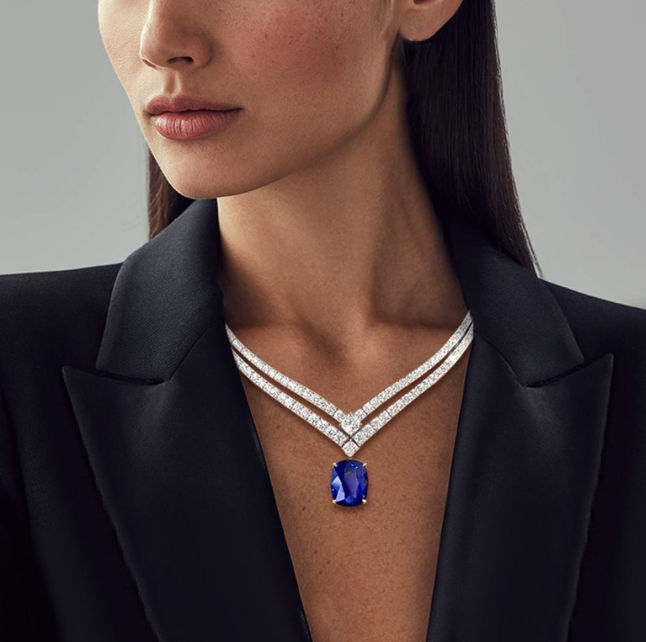 Collana con Zaffiro Blu Taglio Cuscino Doppia Fila
