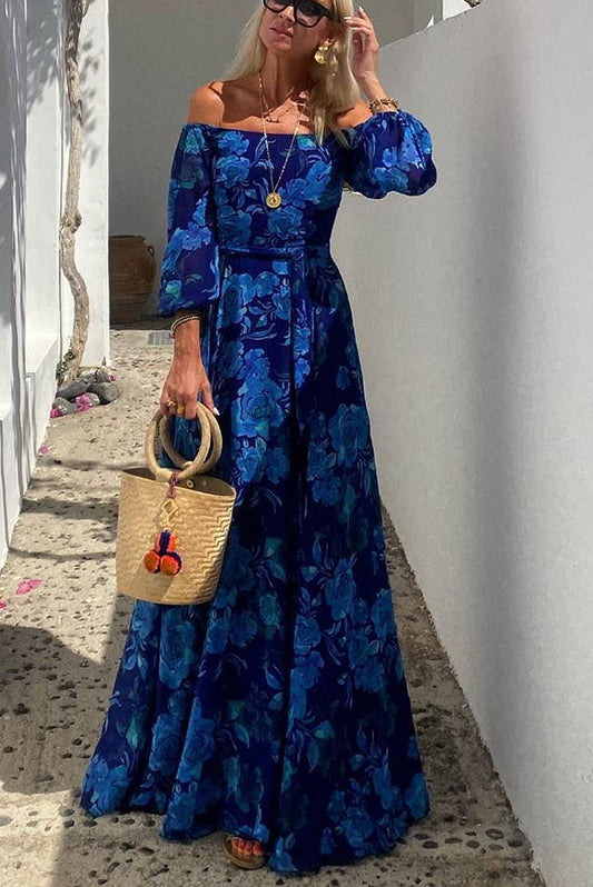 Francesca - Vestito lungo con spalle scoperte e stampa floreale