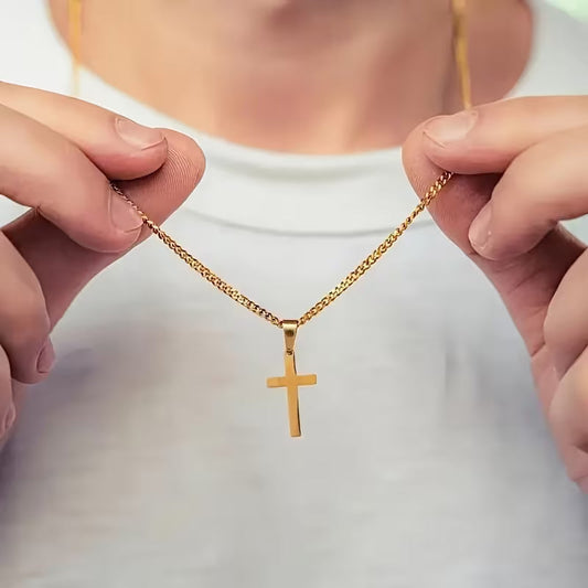 Collana croce in acciaio al titanio dorato