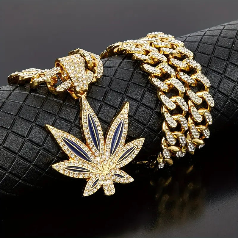 Collana Cubana Retrò Foglia Verde – Stile Hip-Hop per Uomo