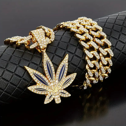 Collana Cubana Retrò Foglia Verde – Stile Hip-Hop per Uomo