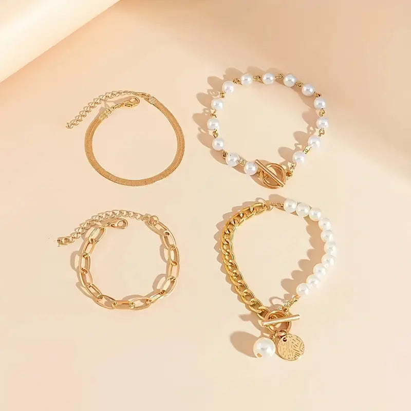 Set Braccialetti Chic Gold 4 Pezzi - Serpente, Perle e Maglie | Dorato