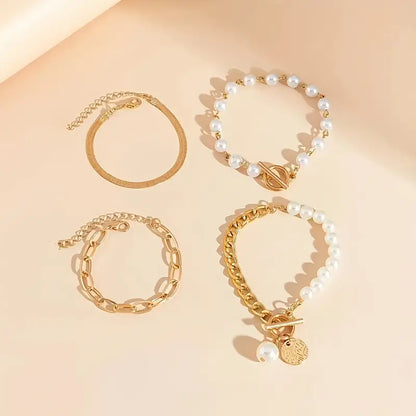 Set Braccialetti Chic Gold 4 Pezzi - Serpente, Perle e Maglie | Dorato