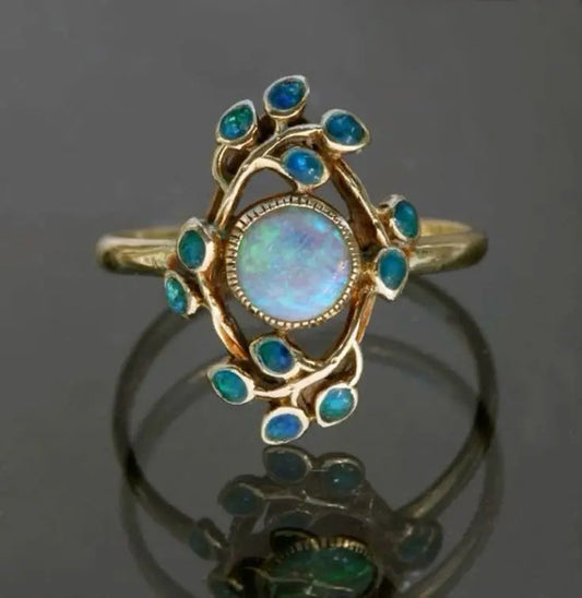 Anello blu vintage con cristalli e opale