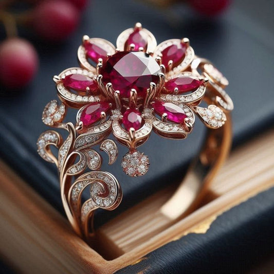 Anello fiore rosso esotico in oro