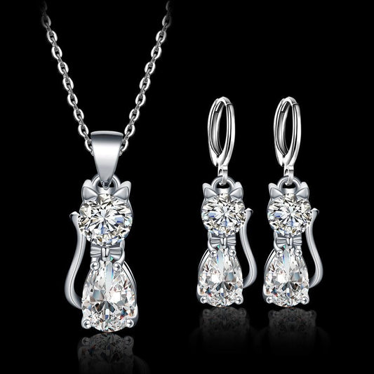 Set Collana e Orecchini Gatto Felice in Argento e Zirconio Bianco Lucido
